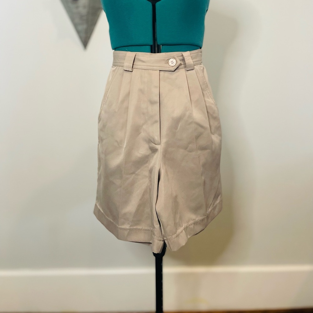 High Waist Tan Shorts with Trendy Long Inseam and Classic Fit